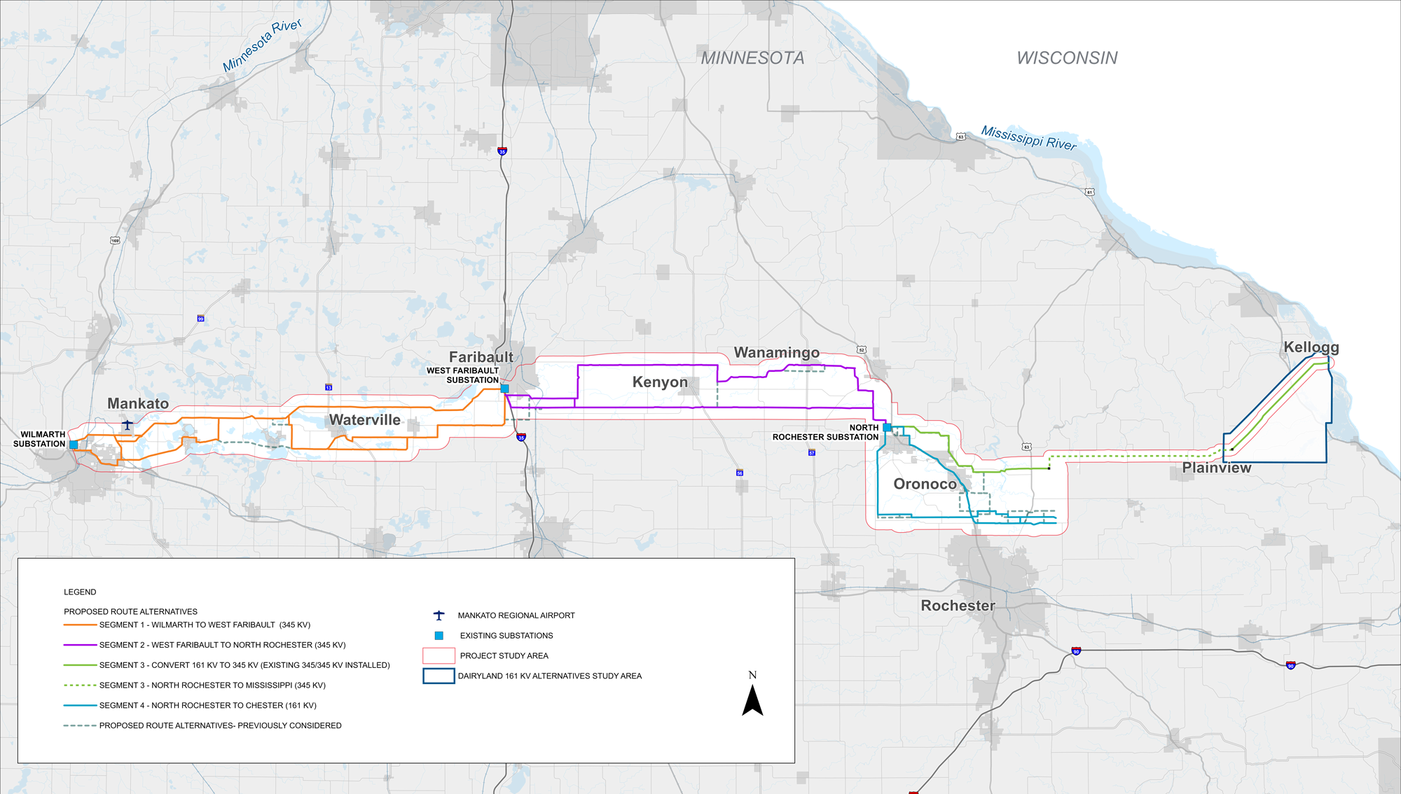 Map showing location of project segments from Mankato to Kellogg, Minnesota.