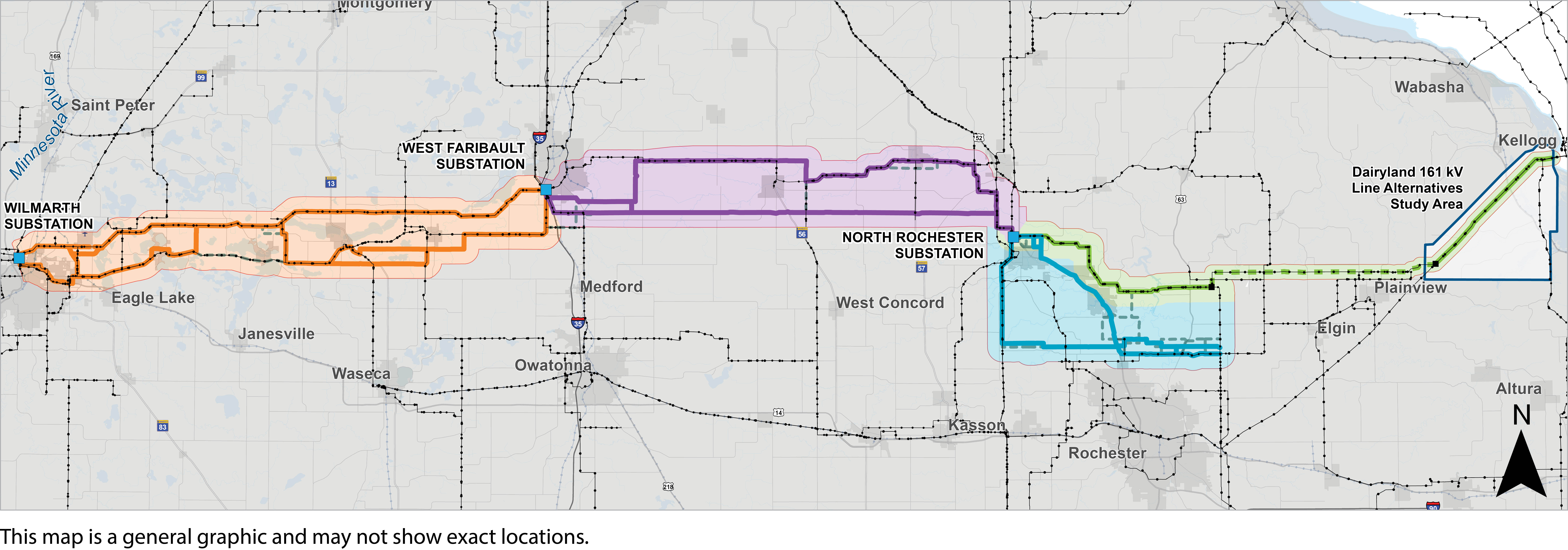 Map showing location of project segments from Mankato to Kellogg, Minnesota.